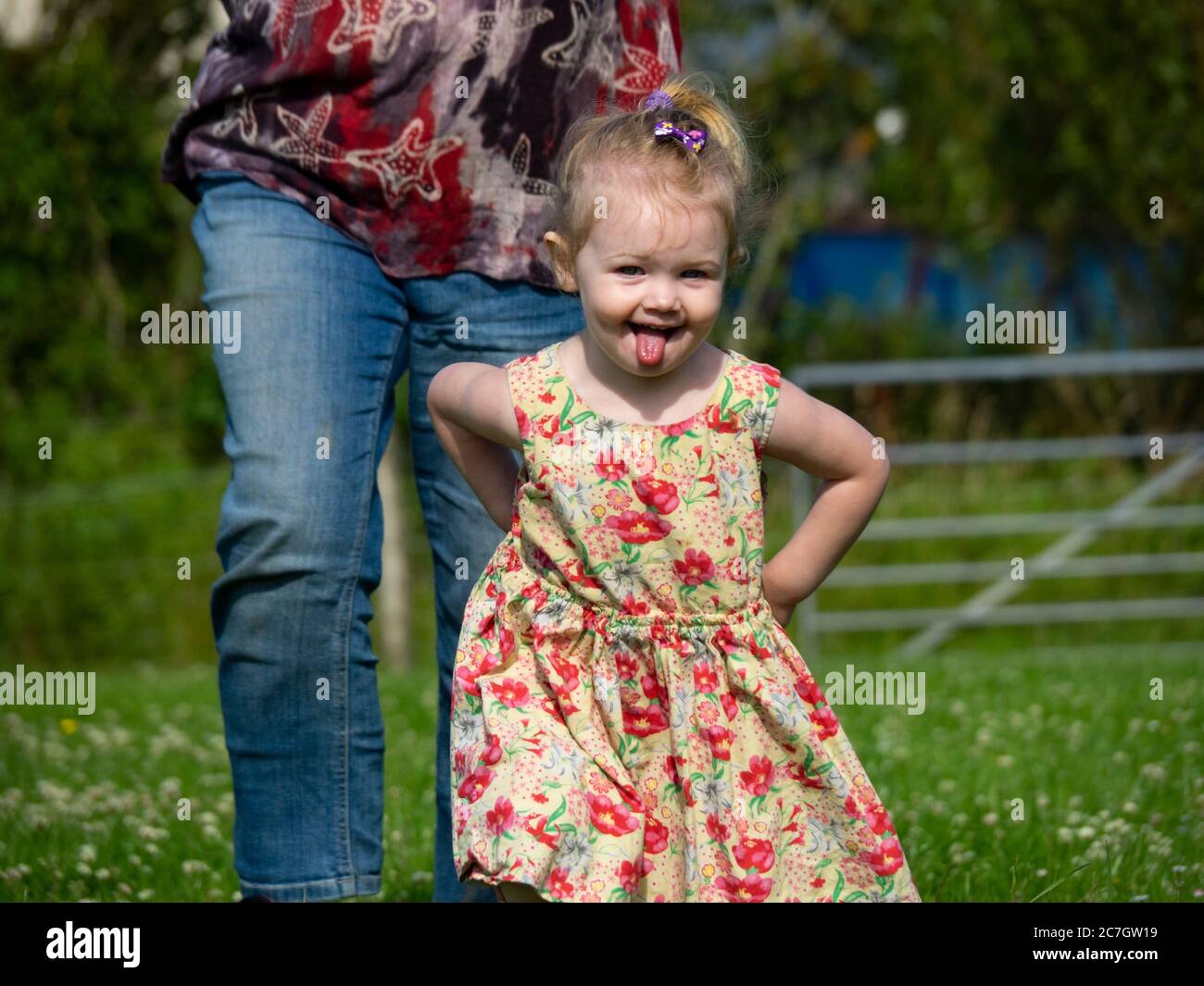 Toddler and adult playing in a field, UK Stock Photo