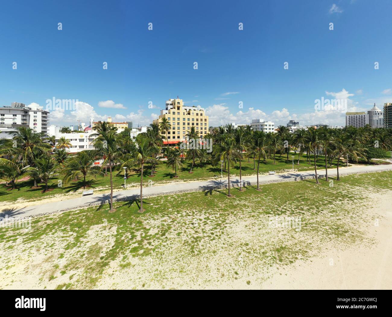 Aerial photo Miami Beach Ocean Drive with no people during Coronavirus Covid 19 pandemic Stock Photo