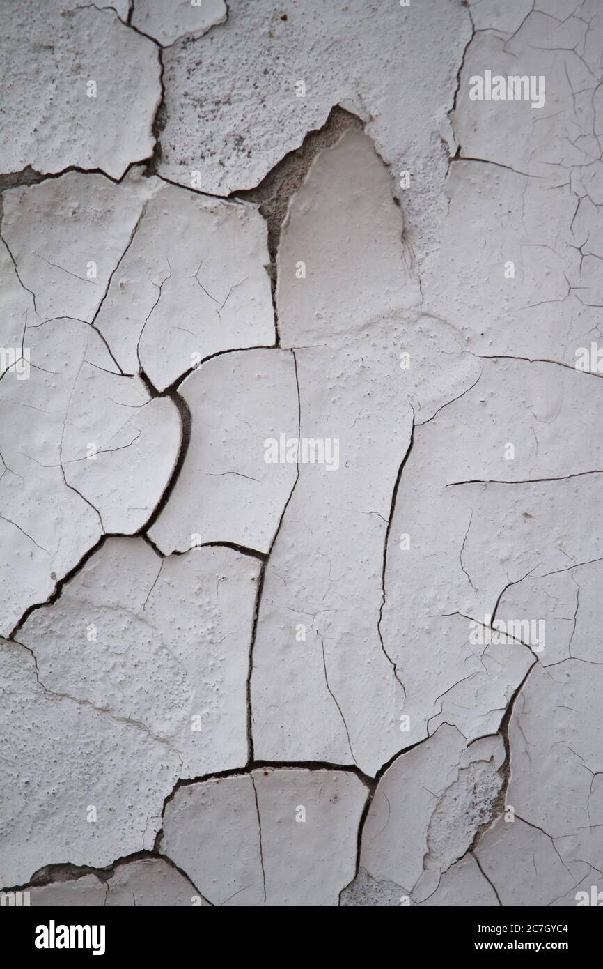 Old flaky cracked paint on gray wall, old paint background, selective focus Stock Photo