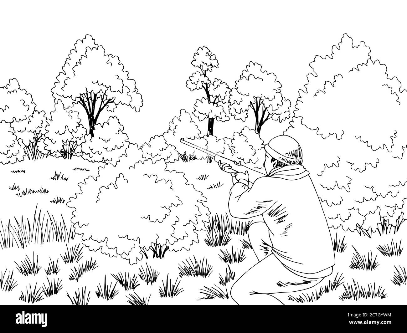 Hunter is ambushed in the bush forest glade graphic black white landscape sketch illustration vector Stock Vector