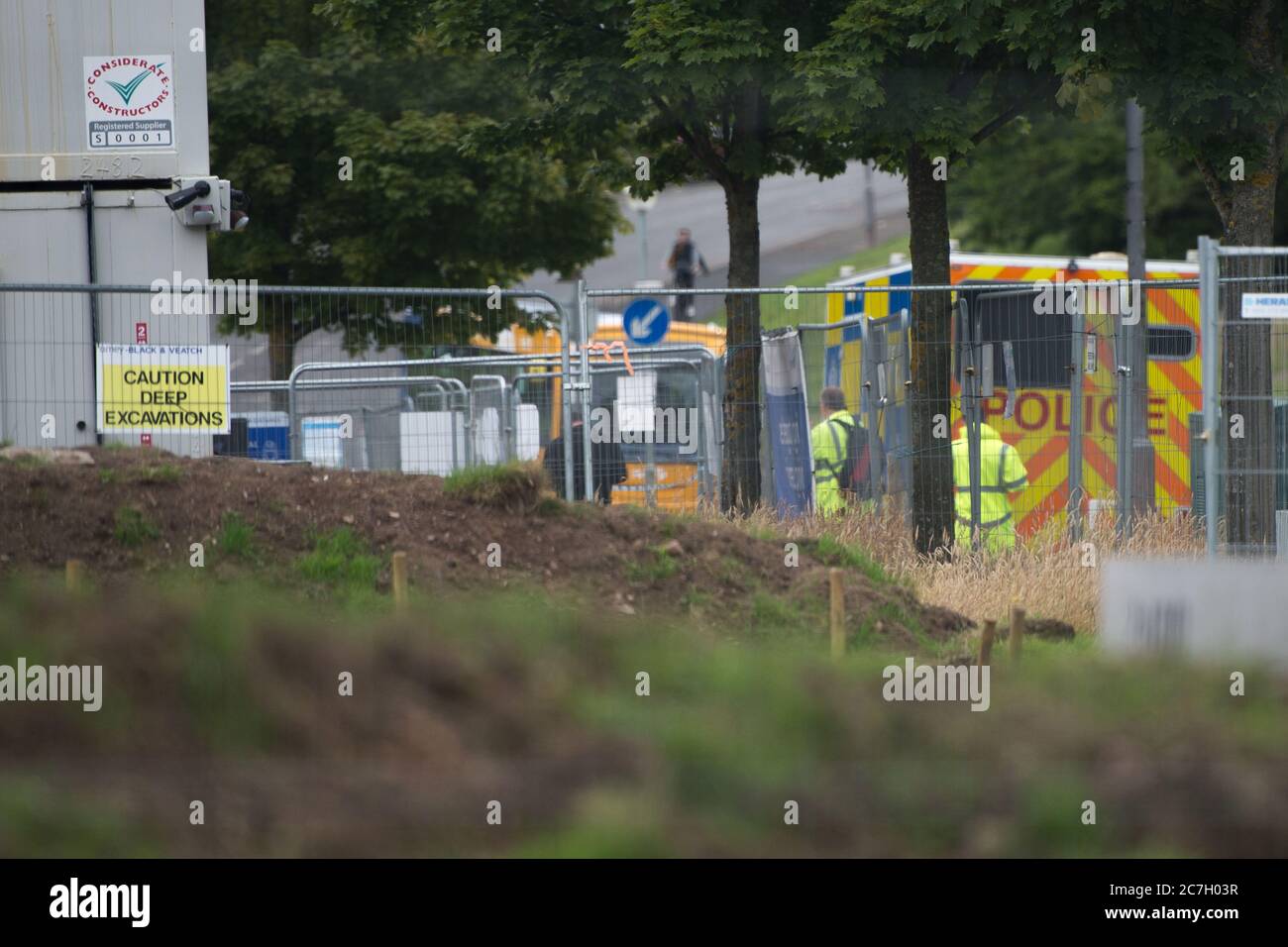 Glasgow, Scotland, UK. 17th July, 2020. Pictured: Scenes from where a ten year old boy has died following an incident at a building site in Drumchapel, Glasgow. Credit: Colin Fisher/Alamy Live News Stock Photo