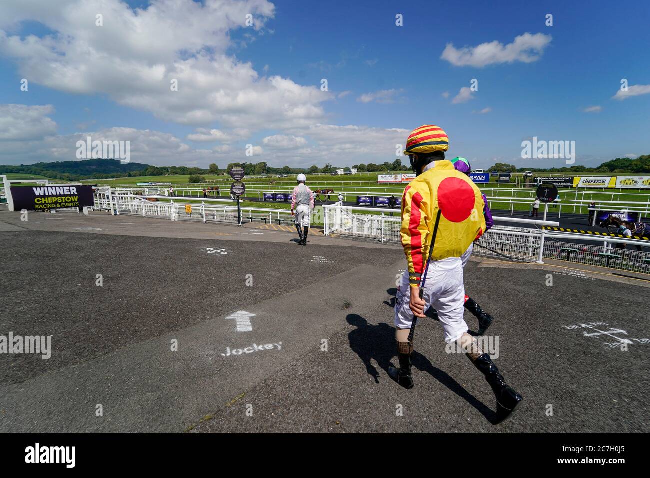 Stefano Cherchi makes his way to the parade ring before riding Rosa Gold to win The NB Builders Merchants Handicap at Chepstow Racecourse. Stock Photo