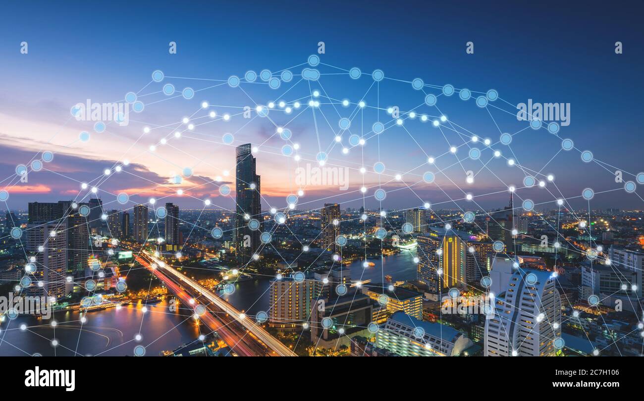Wireless network technology and Connection concept, Network on city background Stock Photo