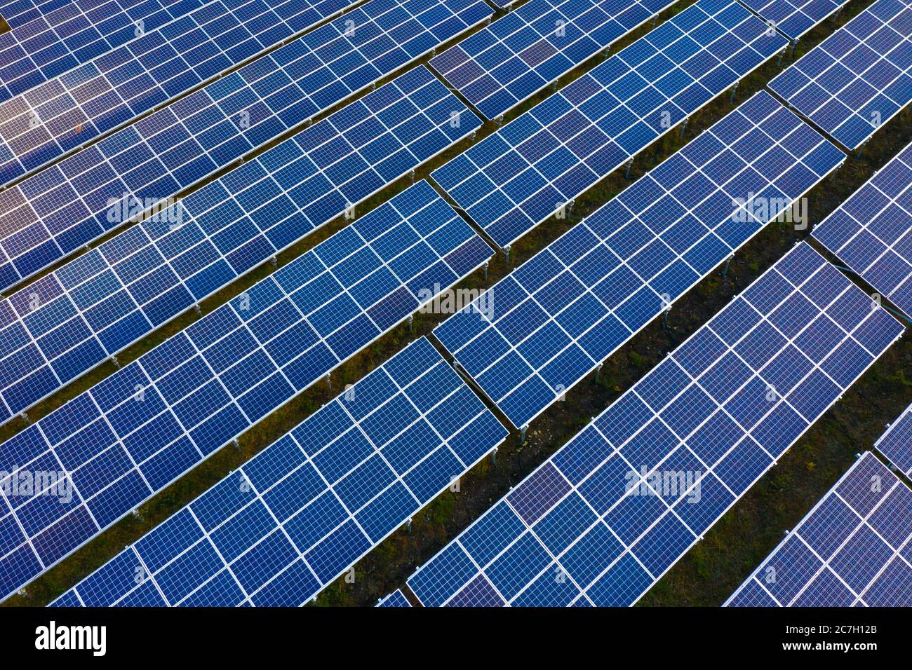 Aerial view of solar panels farm, alternative energy power station Stock Photo