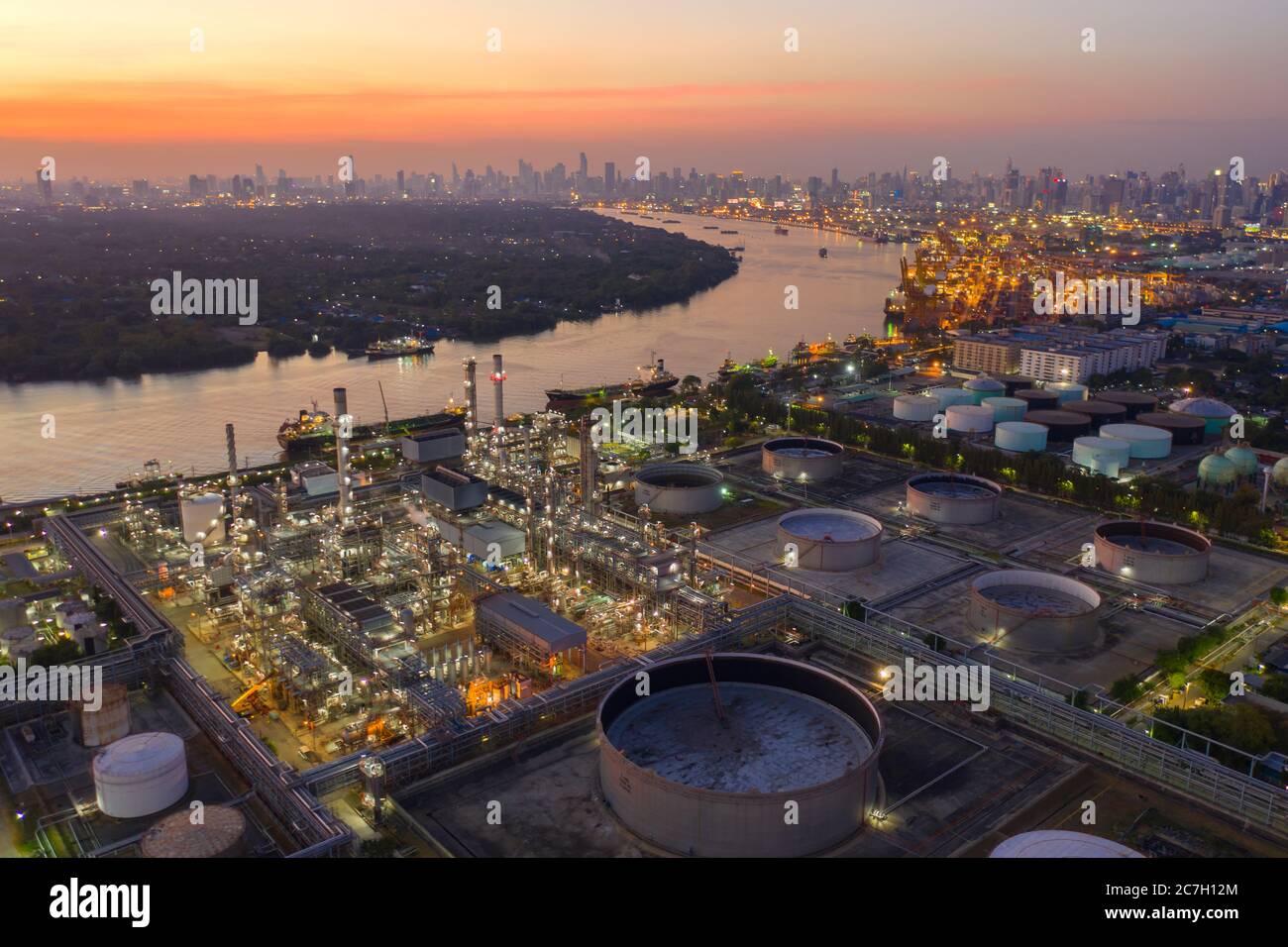 Aerial view oil and gas industrial, Refinery factory oil storage tank ...