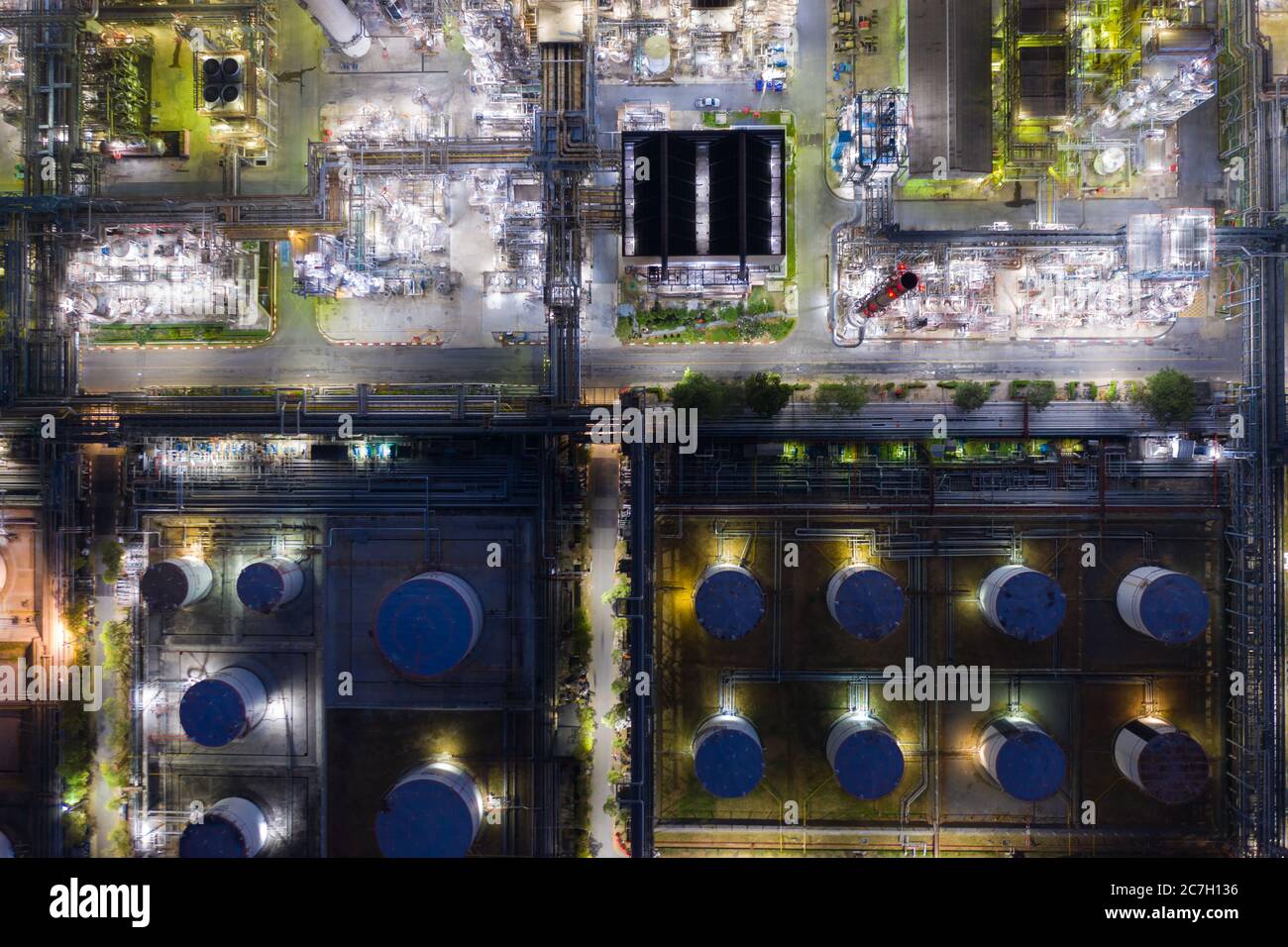 Aerial view oil and gas industrial, Refinery factory oil storage tank ...