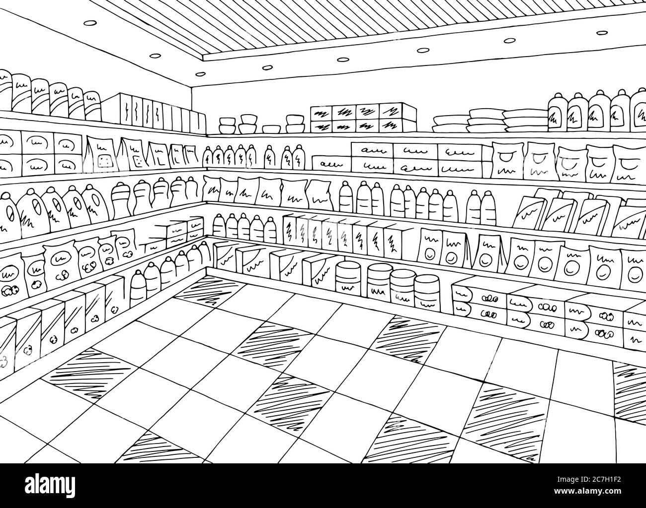 Grocery store shop interior black white graphic sketch illustration vector Stock Vector