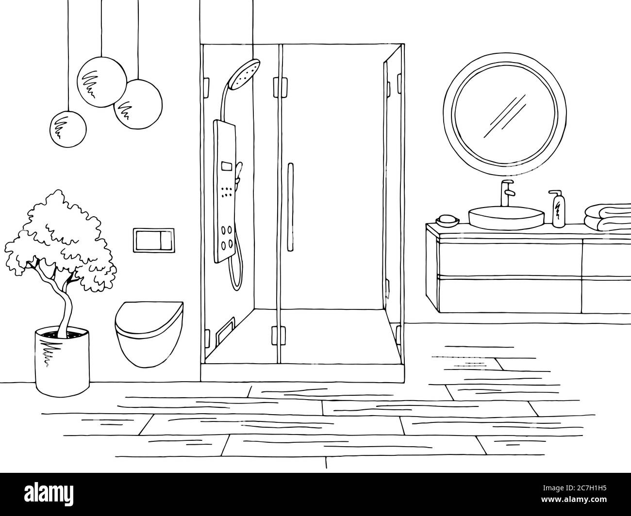 Bathroom graphic home interior black white sketch illustration vector