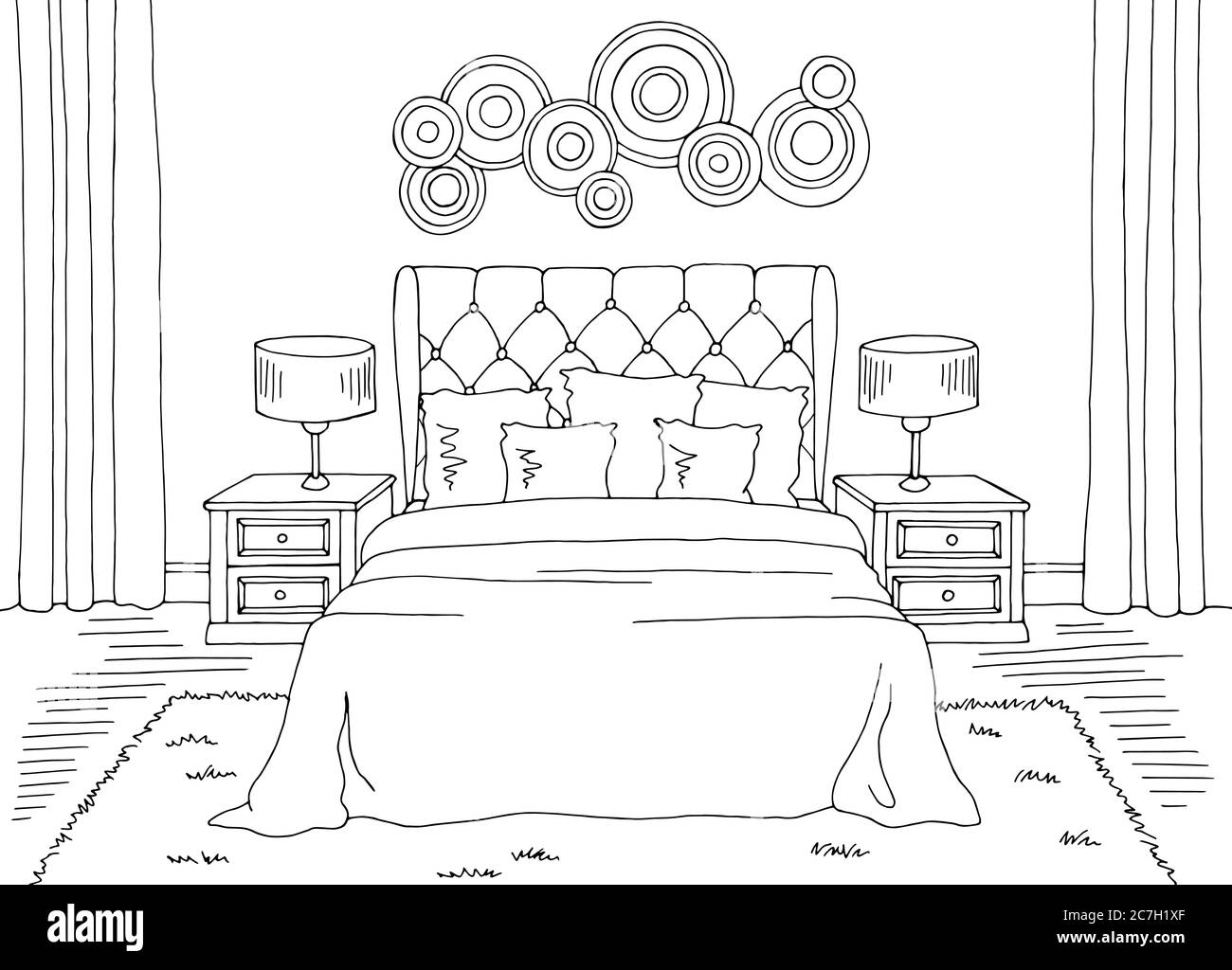 Bedroom graphic black white home interior sketch illustration vector Stock Vector