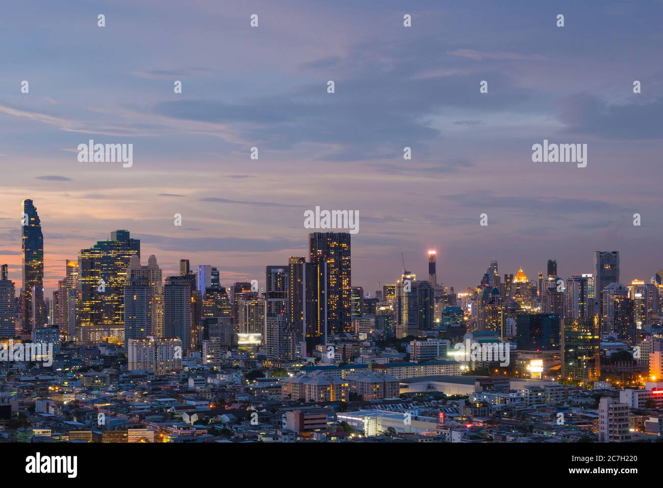 Aerial view of Bangkok city skyline at sunset Stock Photo