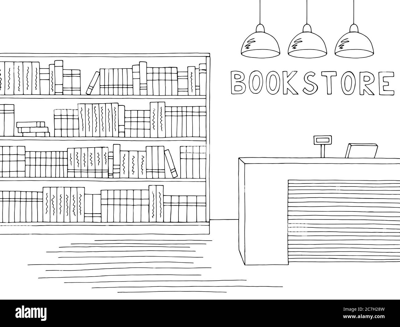 Book shop store interior graphic black white sketch illustration vector Stock Vector