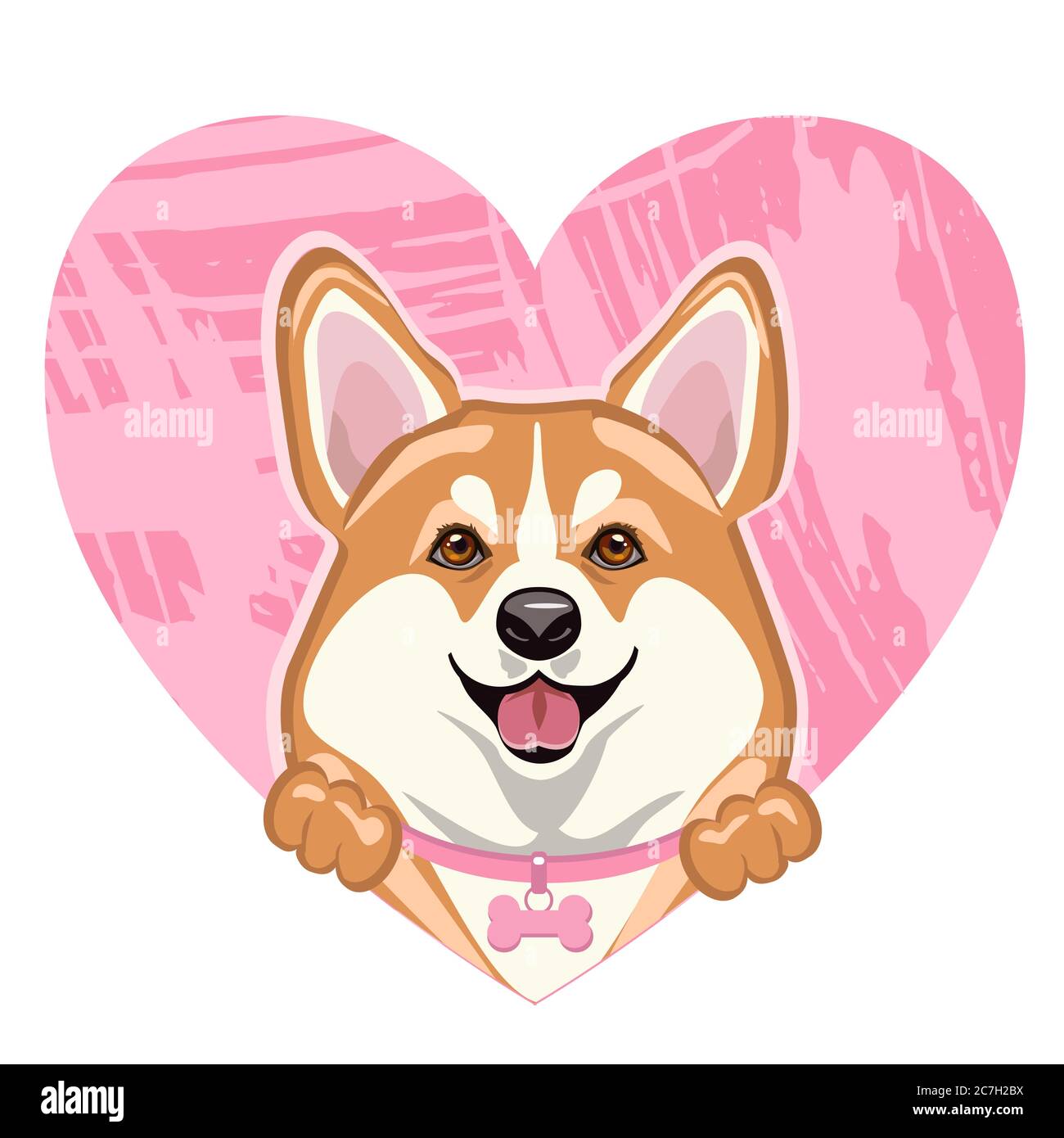 Smiling cute welsh corgi dog with a pink heart. Stock Vector