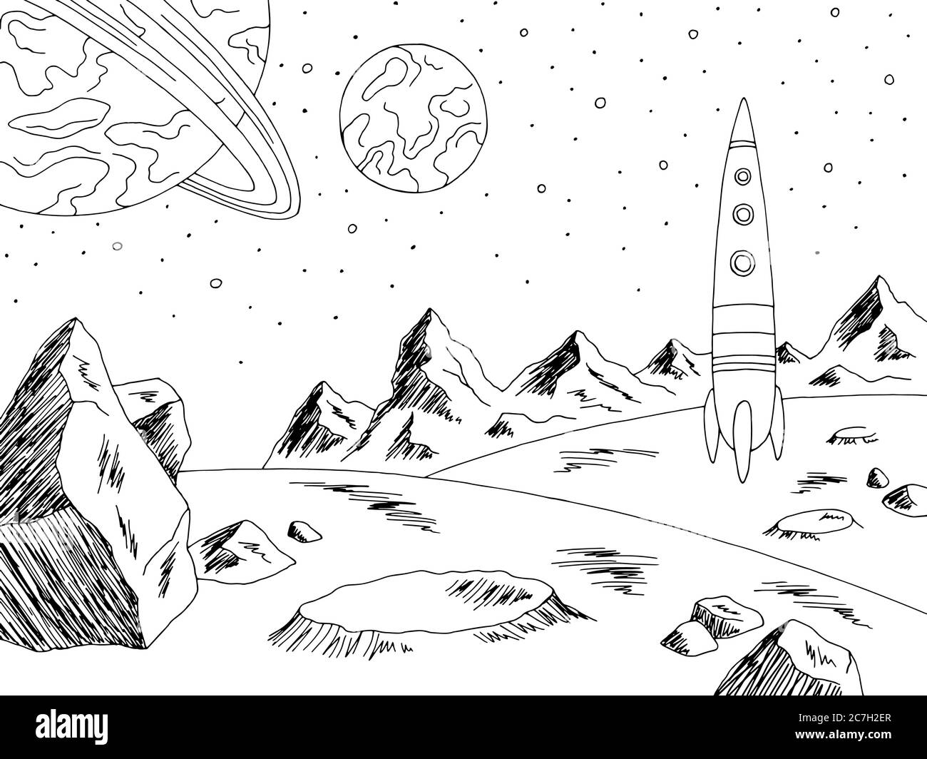 Rocket landed alien planet graphic black white space landscape sketch illustration vector Stock Vector