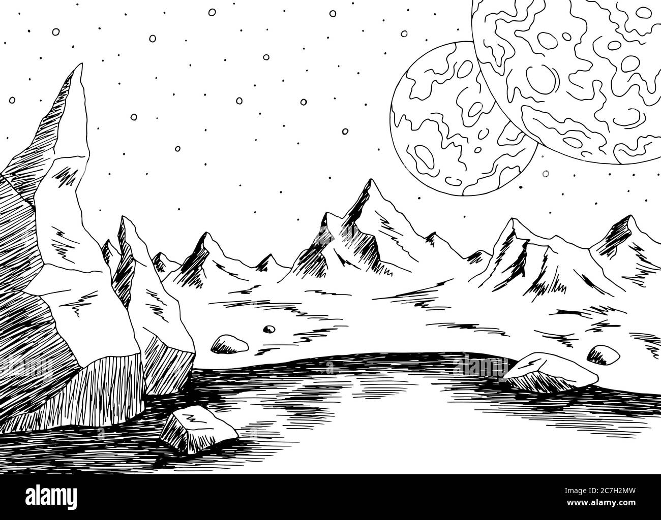 Alien planet graphic black white space landscape sketch illustration vector Stock Vector