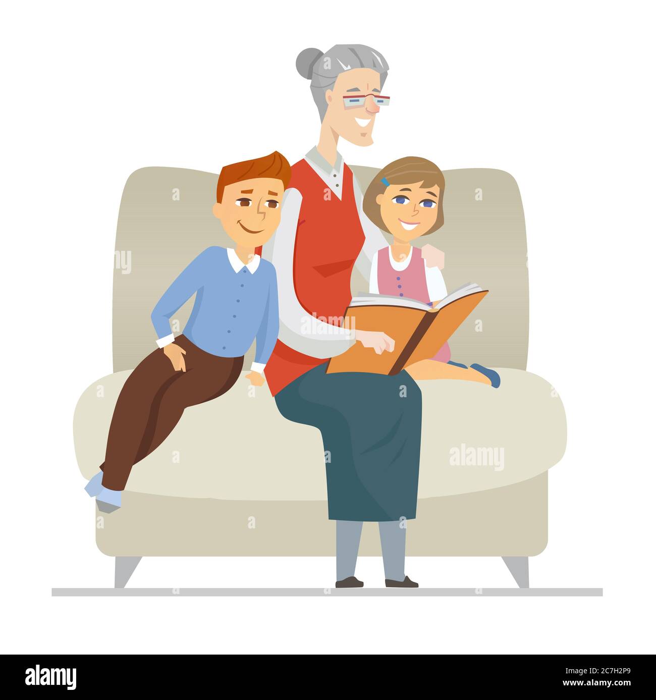 Grandmother reading to grandchildren - flat design style illustration Stock Vector