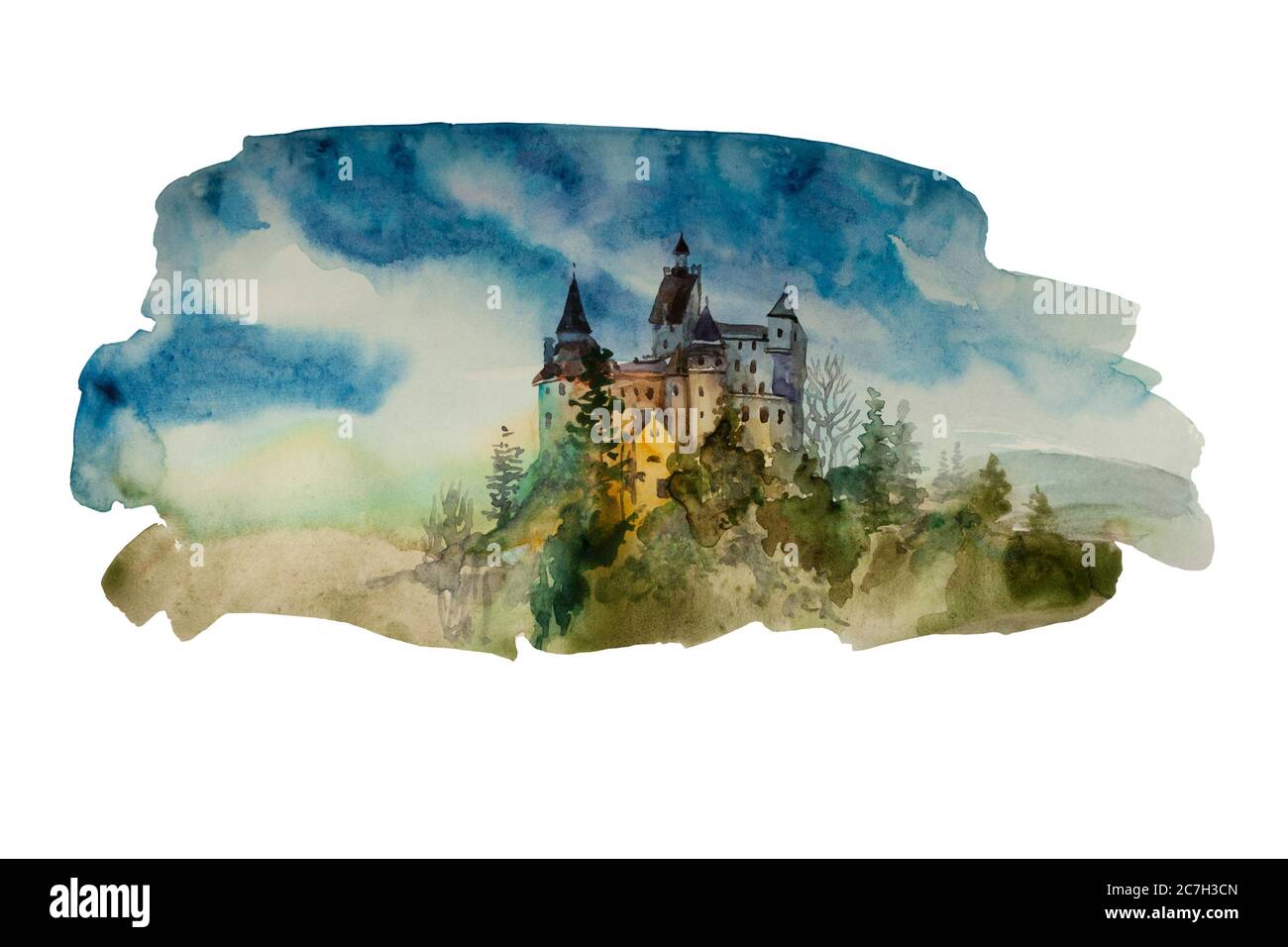 Watercolor backdrop with castle on the hill. Original illustration of medieval european castle isolated on white background Stock Photo