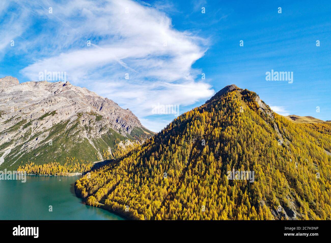 Livigno (IT) - Val Alpisella and Lake of Livigno - Autumnal aerial view Stock Photo