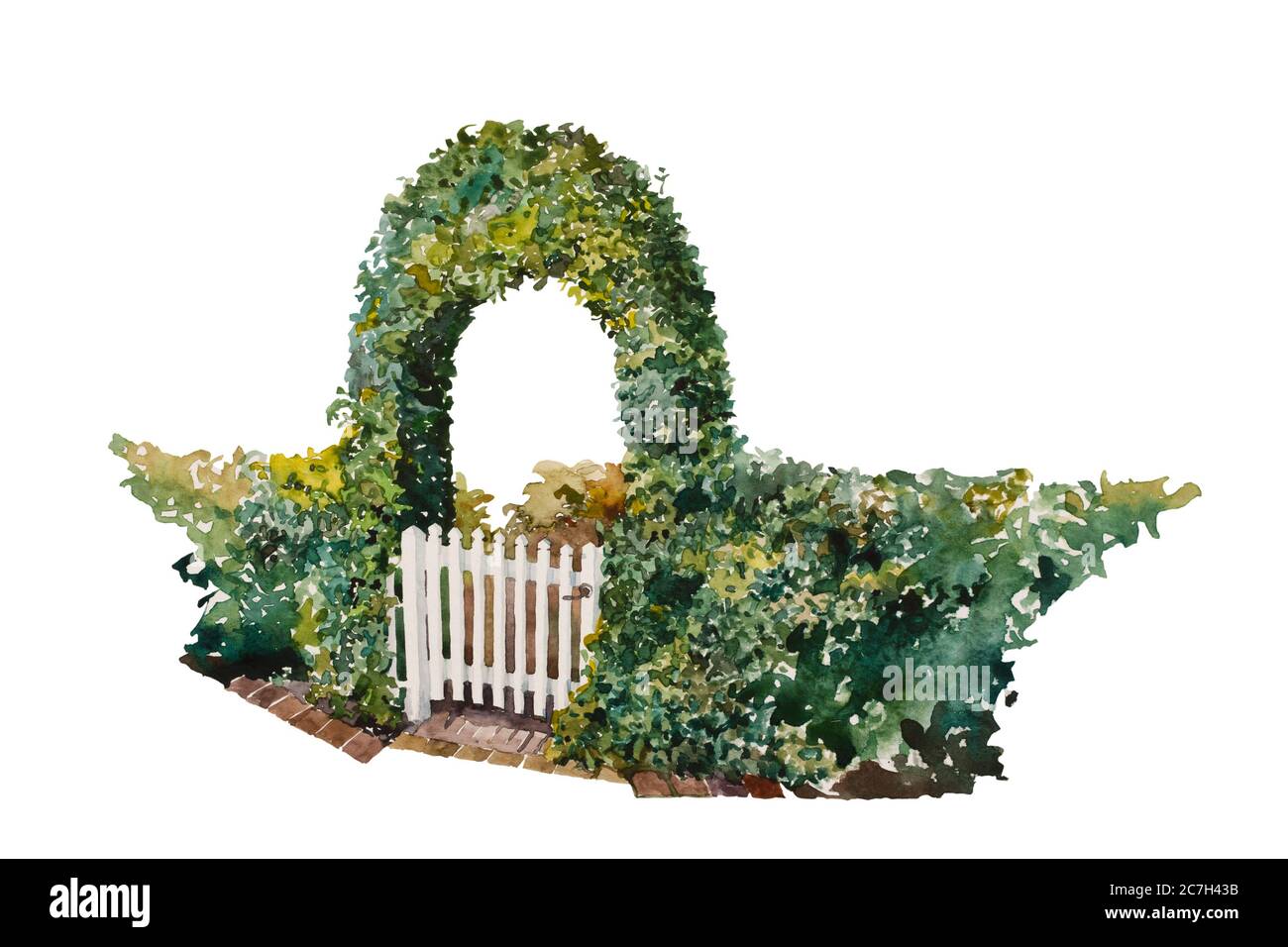 Watercolor romantic ivy gate over the house entrance, with part of green fence. Hand painted garden design element, isolated on white background Stock Photo