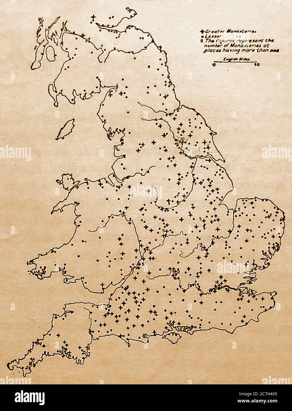 A 1921  map of the religious houses in Britain at the time of the dissolution including  Lesser monasteries (1535) & Greater monasteries (1539)  which suppressed ,nunneries, friaries, convents, priories & abbeys and confiscated their wealth. Stock Photo