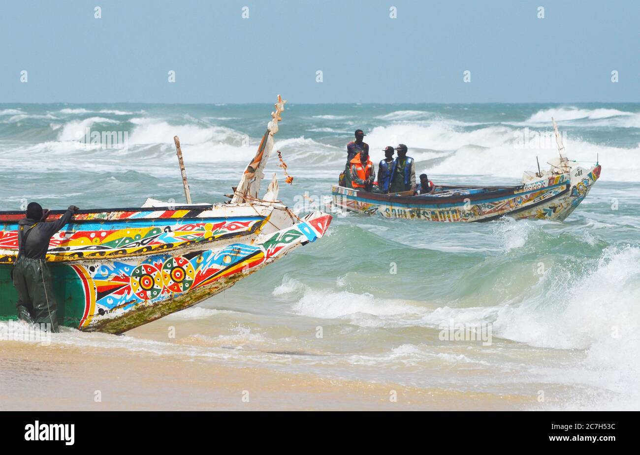 Artisanal fishing pirogues in the coast of Lompoul, Senegal Stock Photo