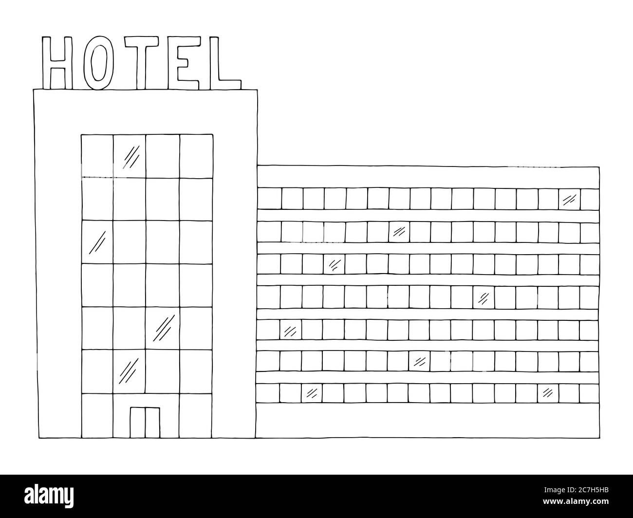 Hotel building exterior front view graphic black white sketch illustration vector Stock Vector