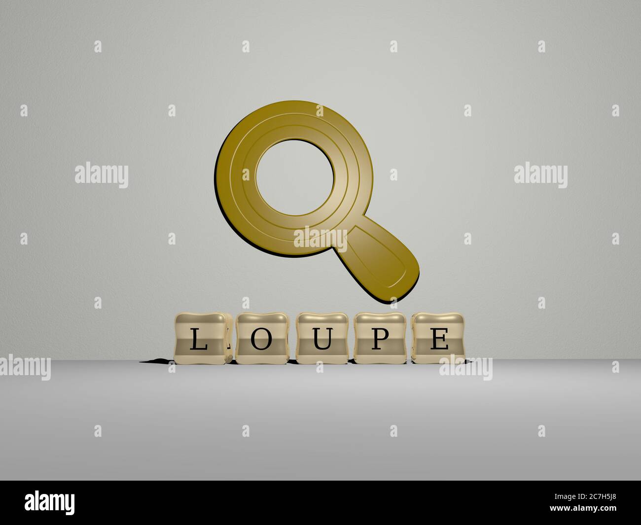 3D representation of LOUPE with icon on the wall and text arranged by