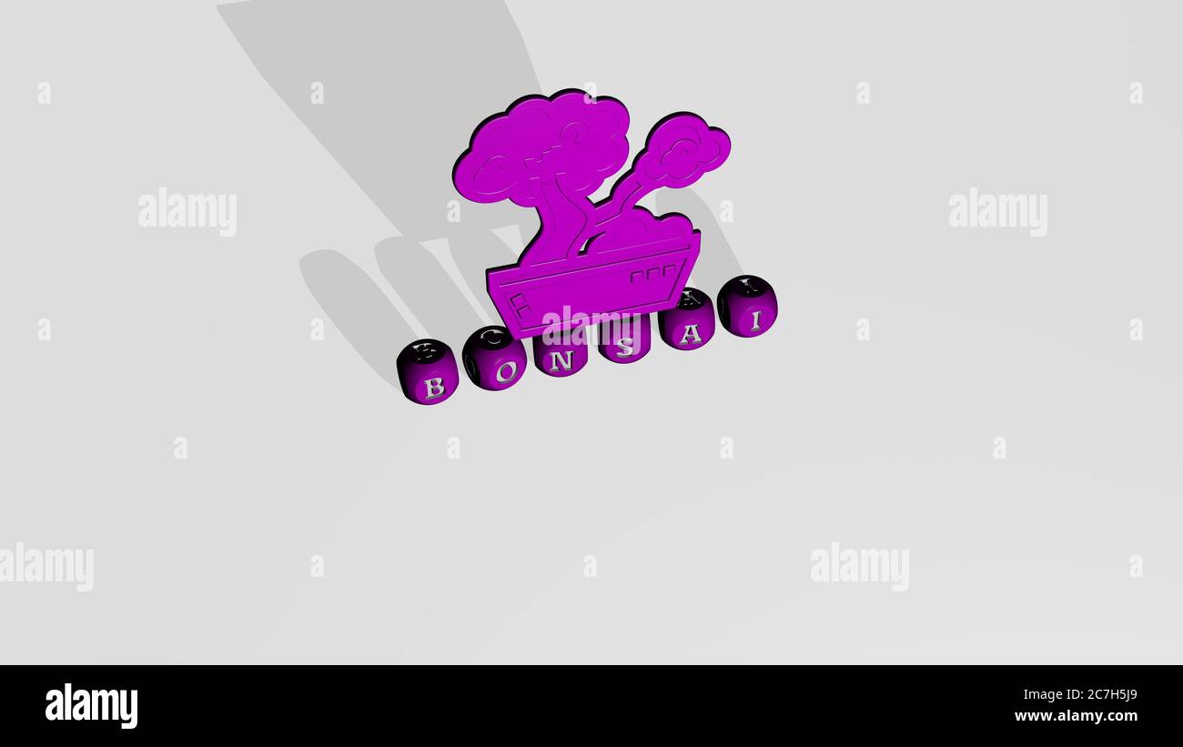 3D illustration of BONSAI graphics and text made by metallic dice ...