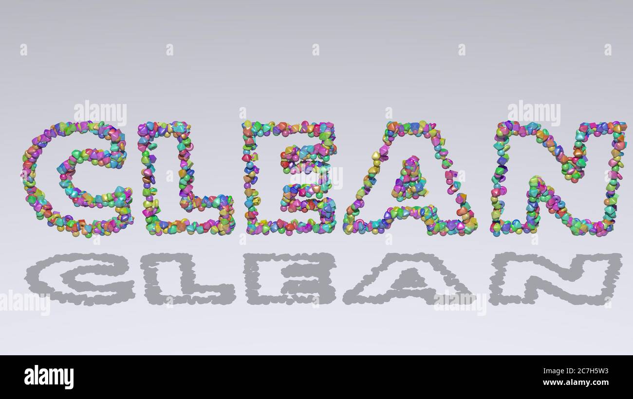 CLEAN written in 3D illustration by colorful small objects casting ...