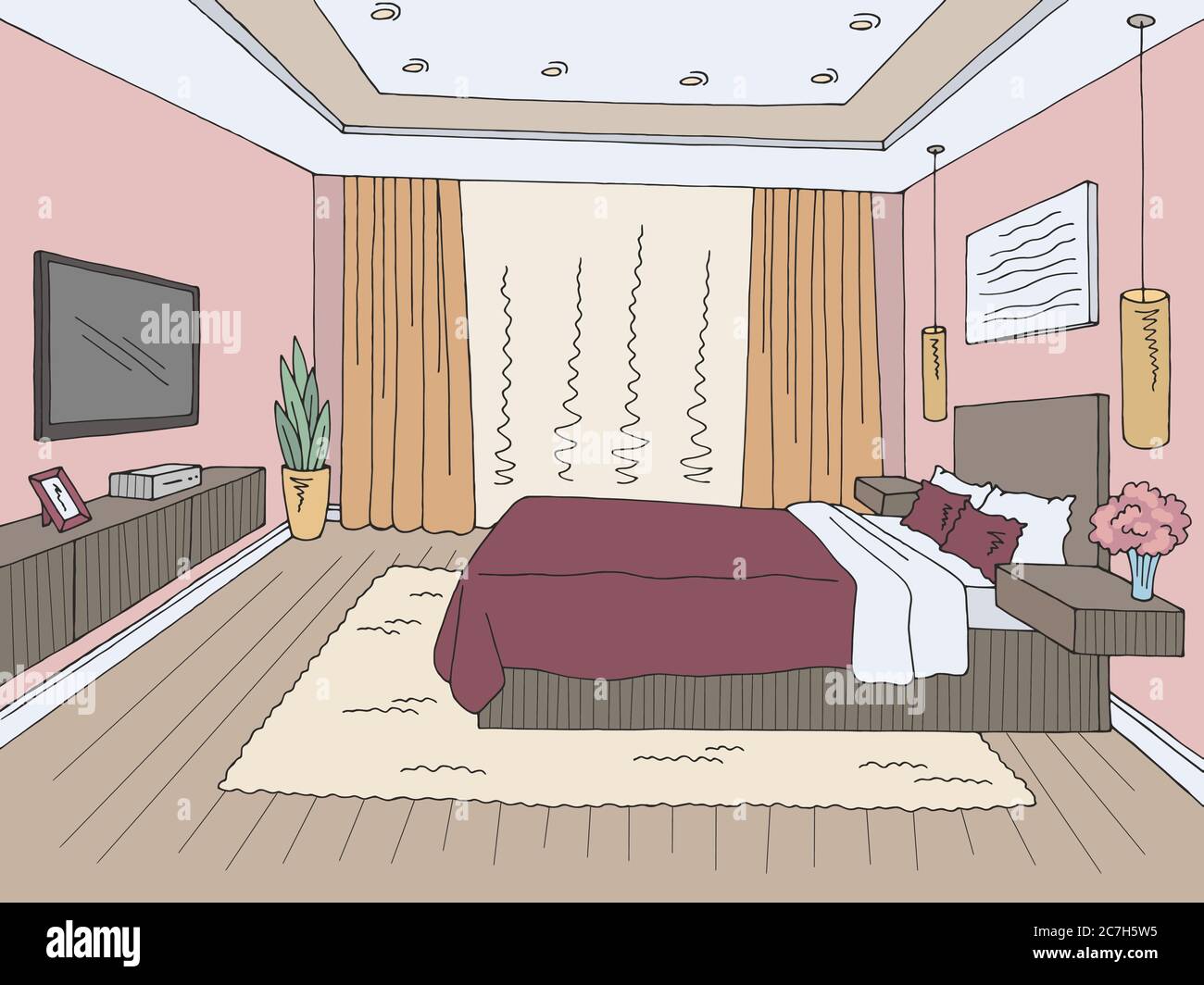 Interior sketch of a bedroom with drawing tools Bedroom interior graphical  sketch drawn by pen  CanStock