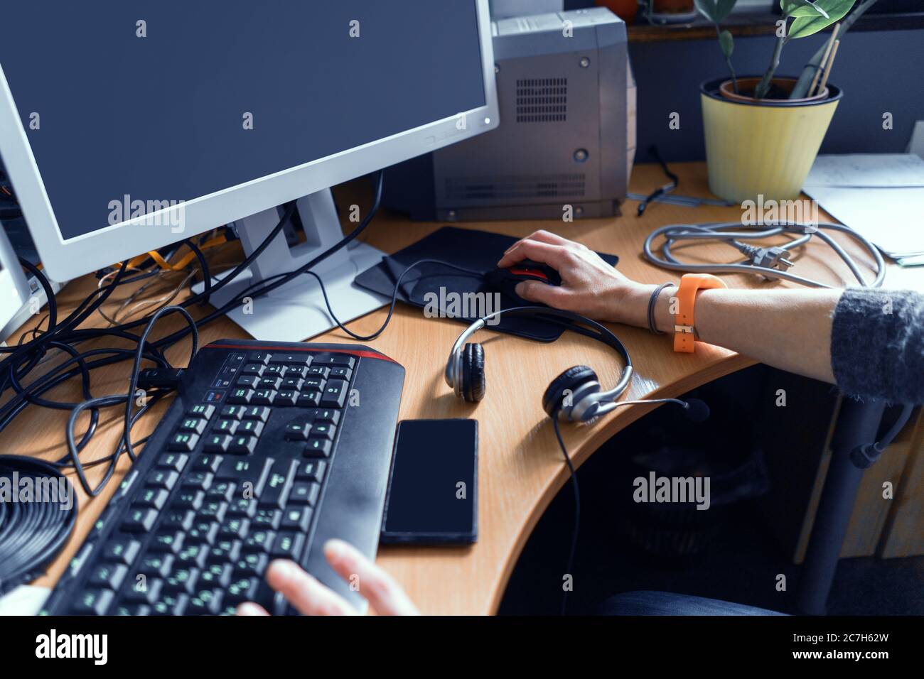Young Creative Girl Working At Computer. Close Up Shot of Female Hands On  Keyboard And Mouse At Table. Computer Work Concept Stock Photo - Alamy