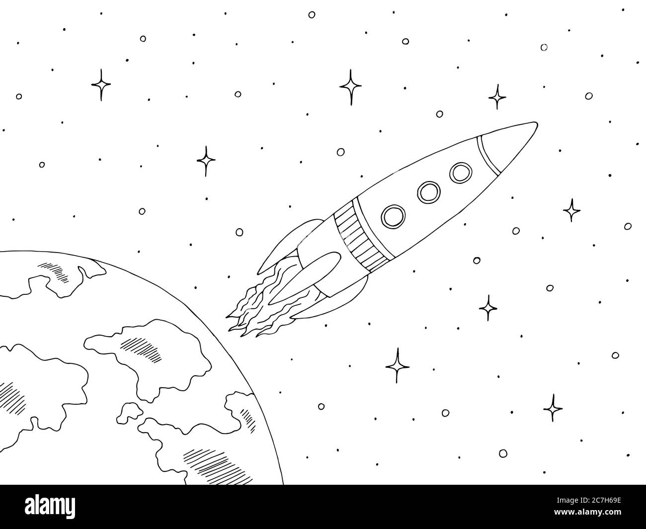 Rocket in space graphic black white sketch illustration vector Stock Vector