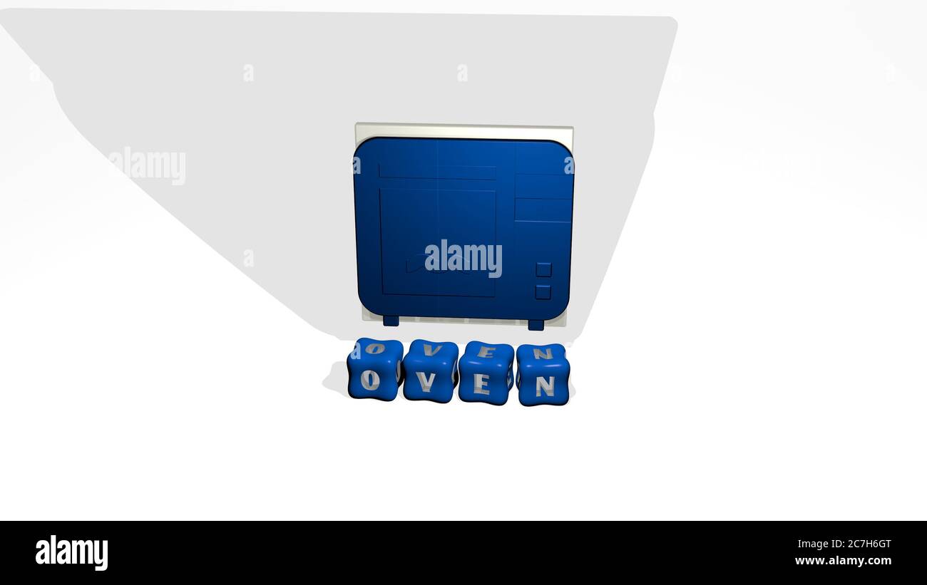 3D illustration of OVEN graphics and text made by metallic dice letters ...