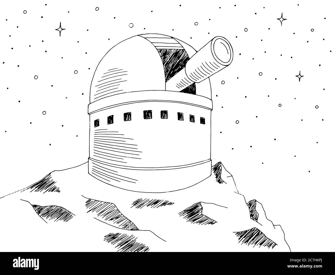 Observatory telescope building exterior graphic black white night landscape sketch illustration vector Stock Vector
