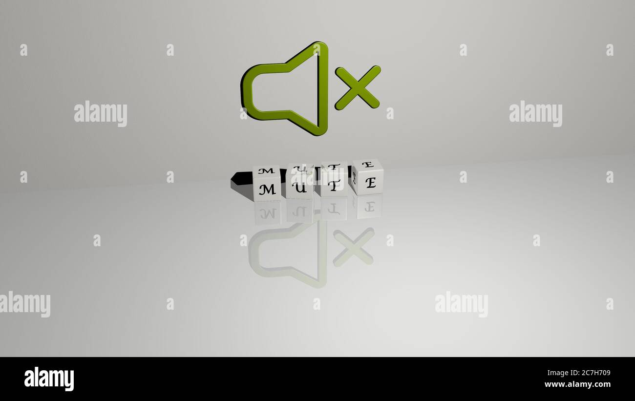 3D representation of mute with icon on the wall and text arranged by metallic cubic letters on a