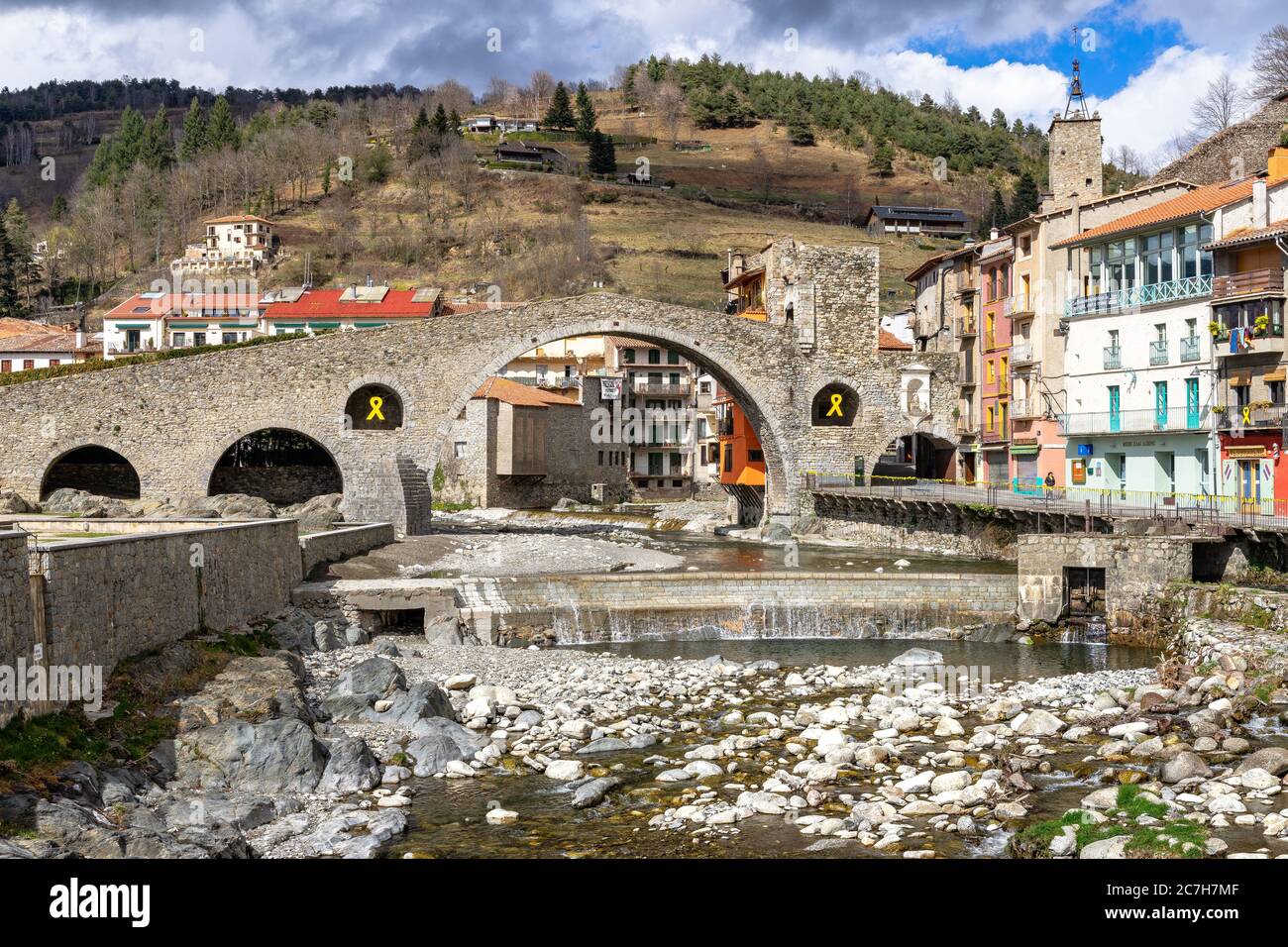 Europe, Spain, Catalonia, Girona, Ripollès, Camprodon, view of the Pont Nou bridge in Camprodon Stock Photo