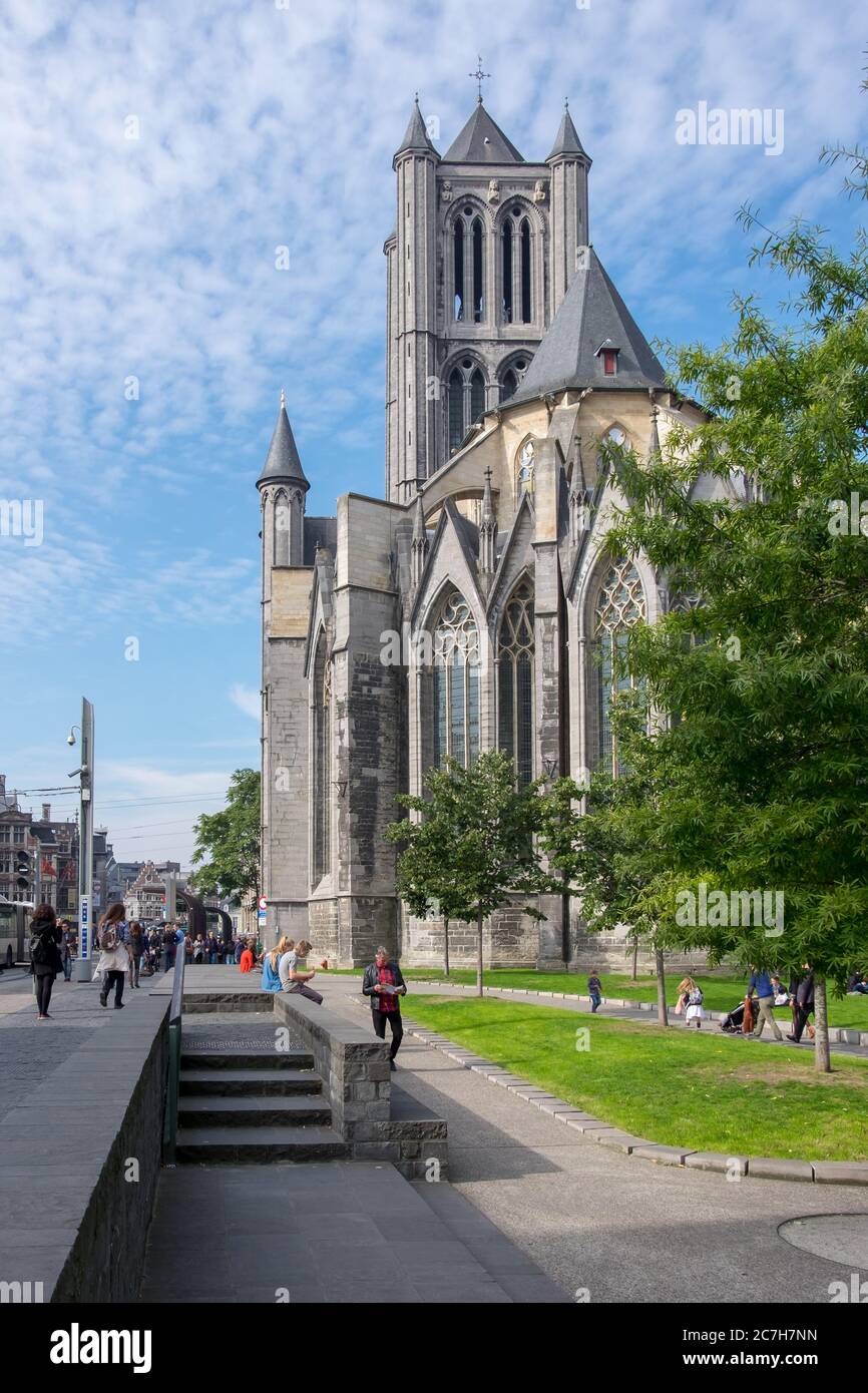 Gent Belgium, October 3 2015. St. Nicholas church and Kapittel Street seen from St. Bavo Square Stock Photo