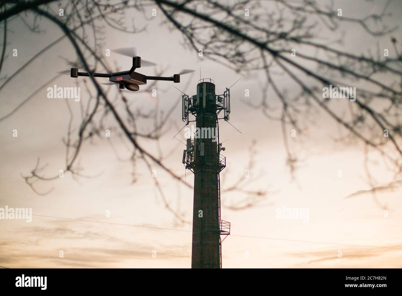 cellular signal tower inspecting and detecting drone Stock Photo