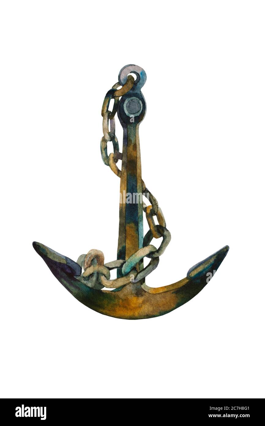 Watercolor anchor with rusty chain twisted around it. Original hand painted illustranion isolated on a white background. Stock Photo