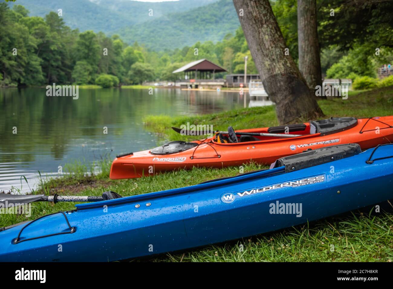 Kayaks along the shoreline of Lake Trahlyta in Vogel State Park