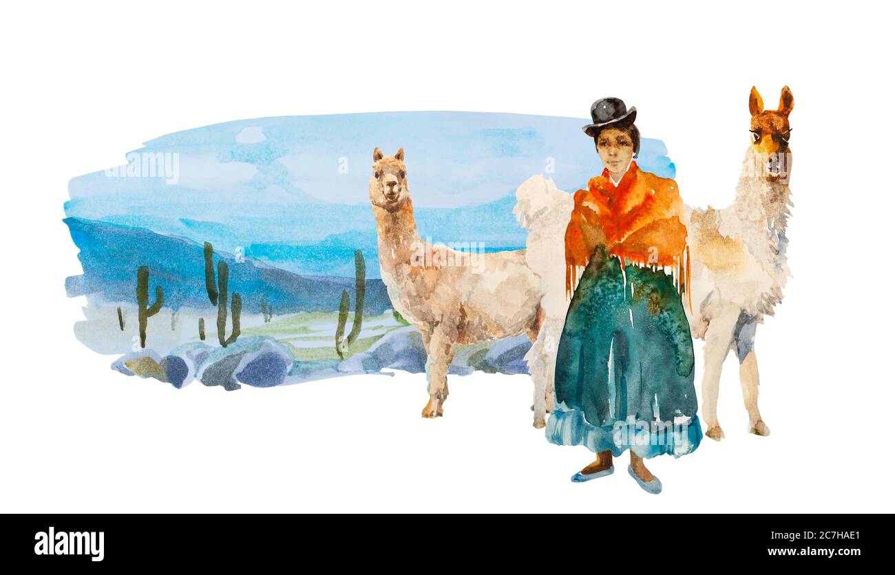 Watercolor with girl in traditional bolivian dress and two llamas with cactus desert, stones and mountains . Original abstract south american Stock Photo