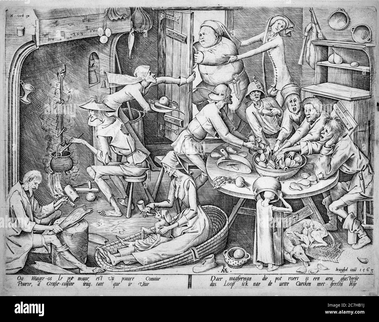 The Thin Kitchen, 1563 engraving by Pieter van der Heyden after Pieter Bruegel the Elder, Dutch and Flemish Renaissance painter and printmaker Stock Photo