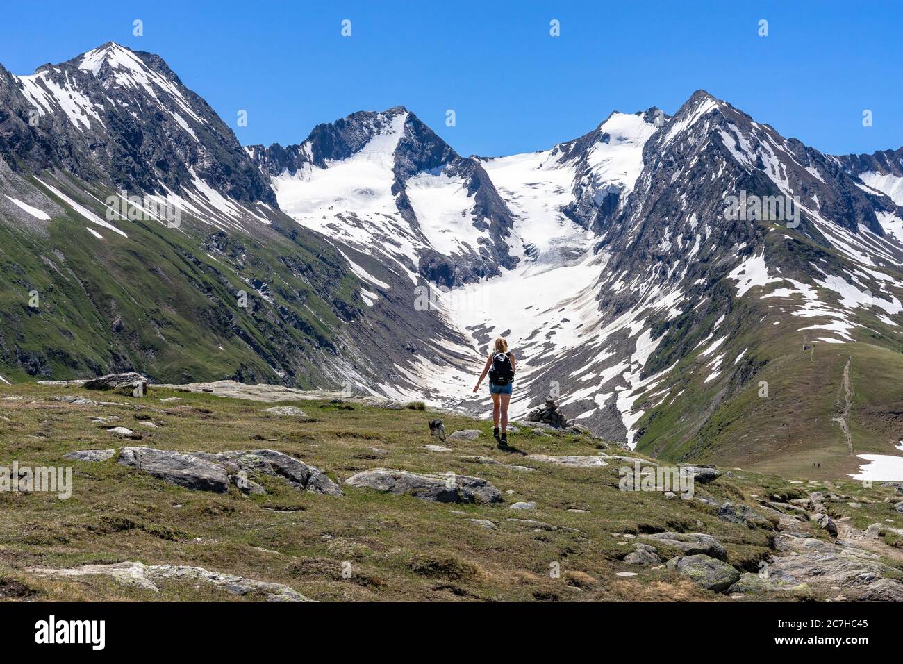 Europe, Austria, Tyrol, Ötztal Alps, Ötztal, hikers on the Hohe Mut Sattel in front of the Gaisbergferner with Hochfirst, Liebenerspitze and Kirchenkogel Stock Photo