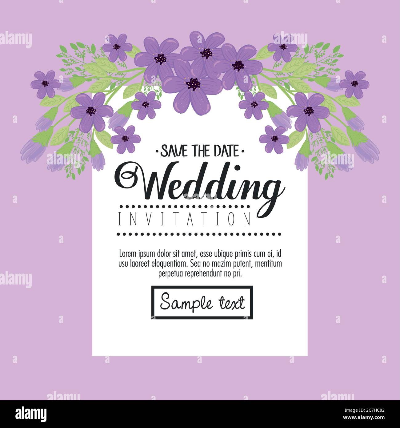 Wedding invitation with purple flowers and leaves vector design Stock ...