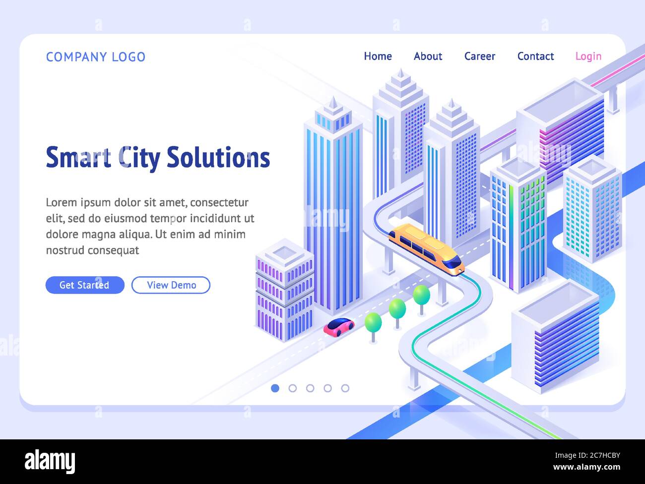 Smart city solutions banner. Sustainable development, urban infrastructure innovation. Vector landing page with isometric illustration of modern town with skyscrapers, monorail train and car road Stock Vector