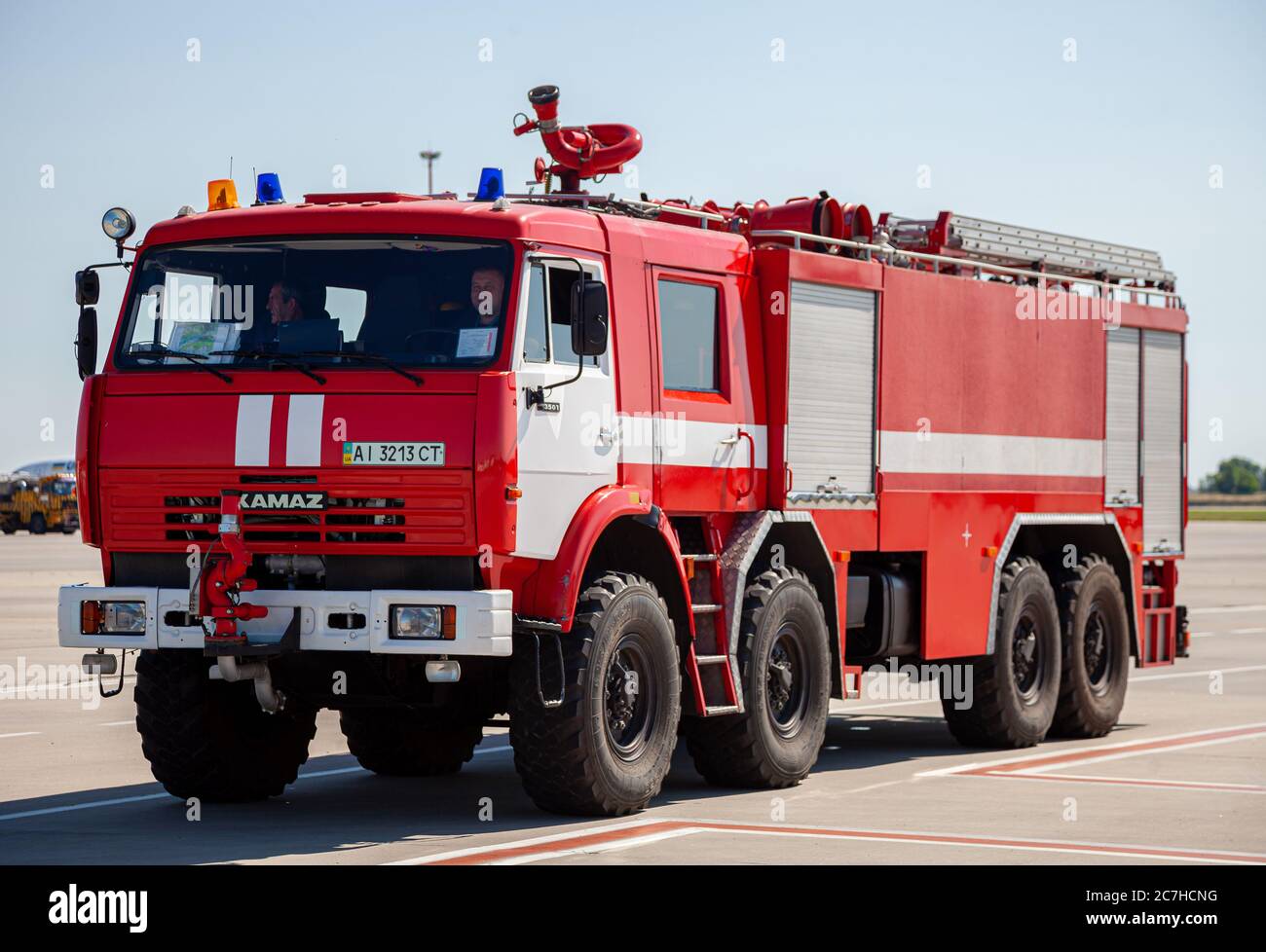 Kyiv, Ukraine - June 27, 2020: Red fire truck KAMAZ in the international airport Boryspil. New car. Stock Photo