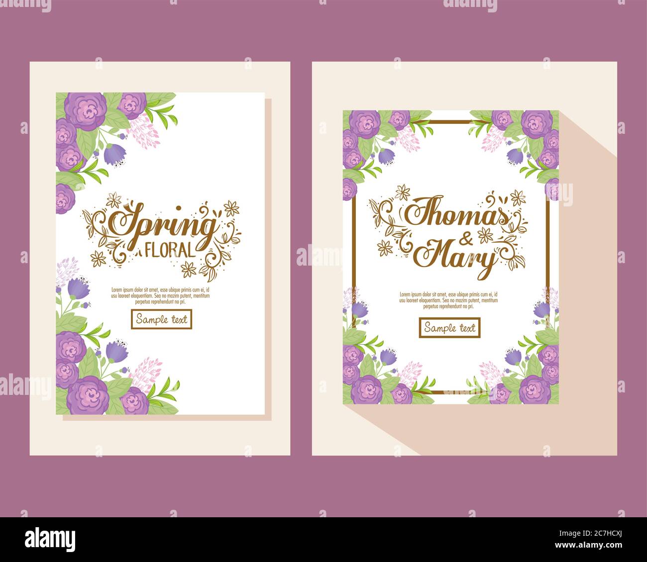 Wedding invitation with purple flowers and leaves vector design Stock ...