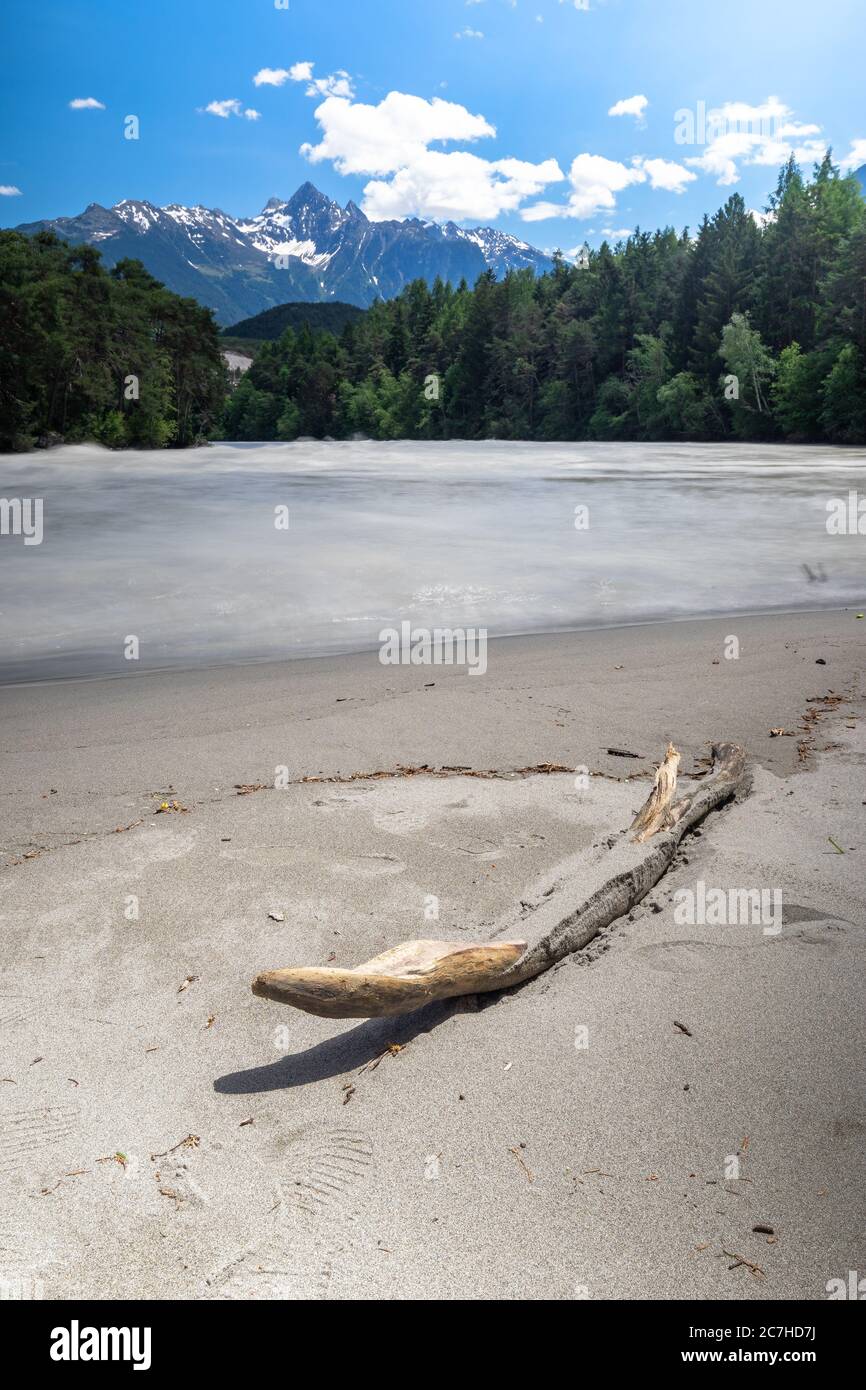 Europe, Austria, Tyrol, Ötztal Alps, Ötztal, deadwood on the sandy beach in the Innbucht Stock Photo