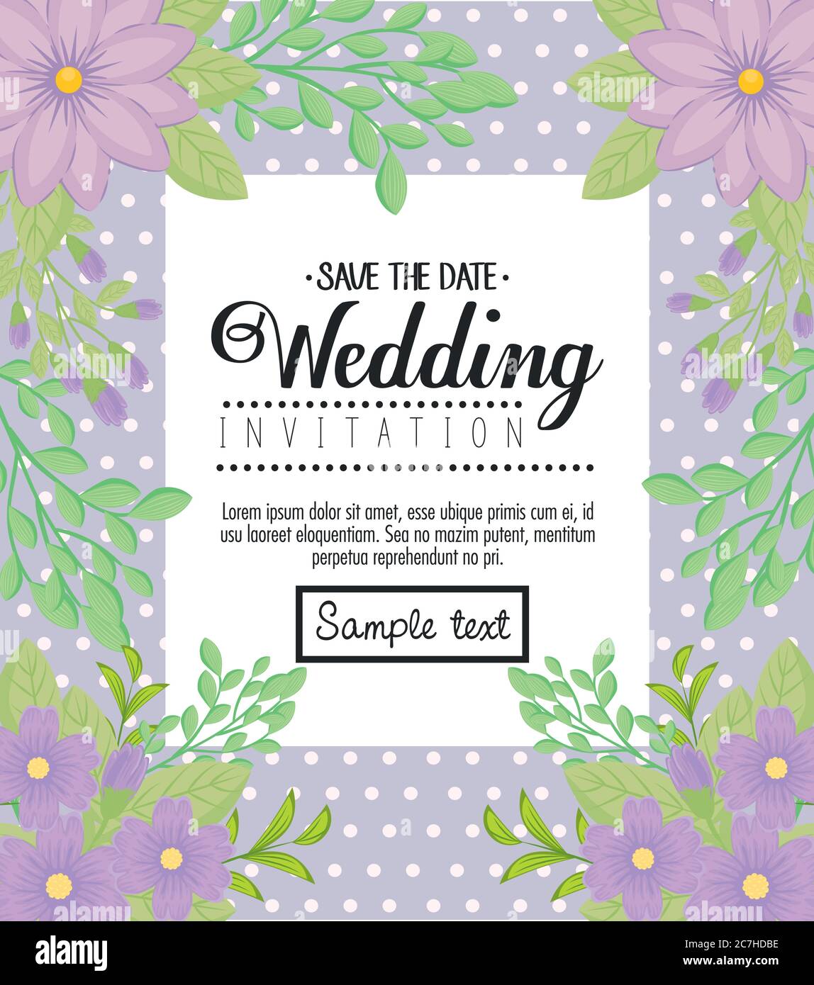 Wedding invitation with purple flowers and leaves vector design Stock ...