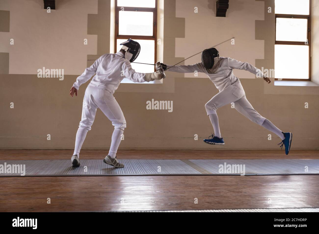 Two male fencers practicing fencing Stock Photo