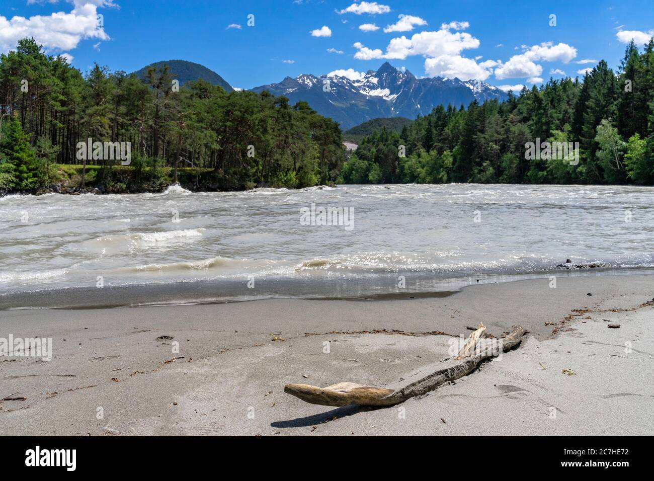 Europe, Austria, Tyrol, Ötztal Alps, Ötztal, deadwood on the sandy beach in the Innbucht Stock Photo